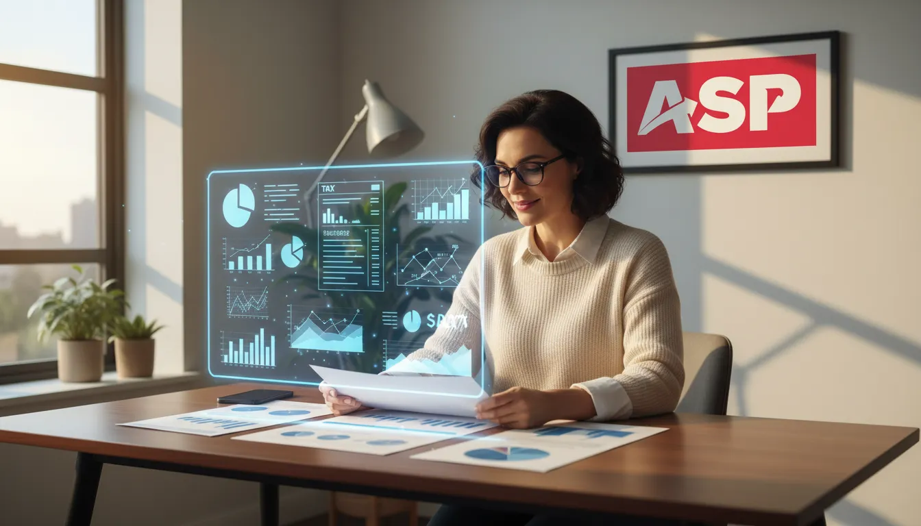 Uma empresária revisando relatórios financeiros com um sorriso, com uma projeção holográfica de formulários fiscais automatizados, representando a facilidade do regime tributário simplificado.