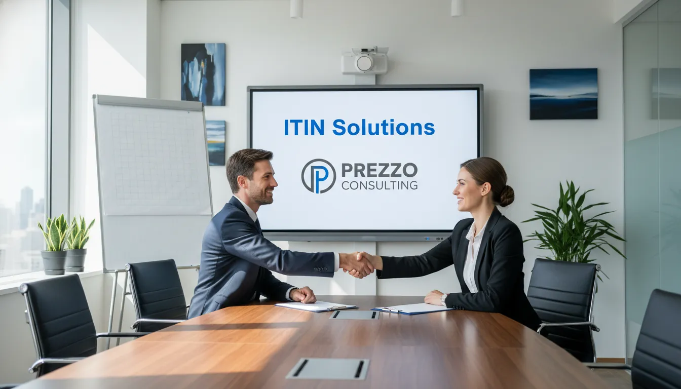 Profissionais apertando as mãos em um escritório, representando parceria e confiança. Saiba como obter itin number com as soluções da Prezzo Consulting.