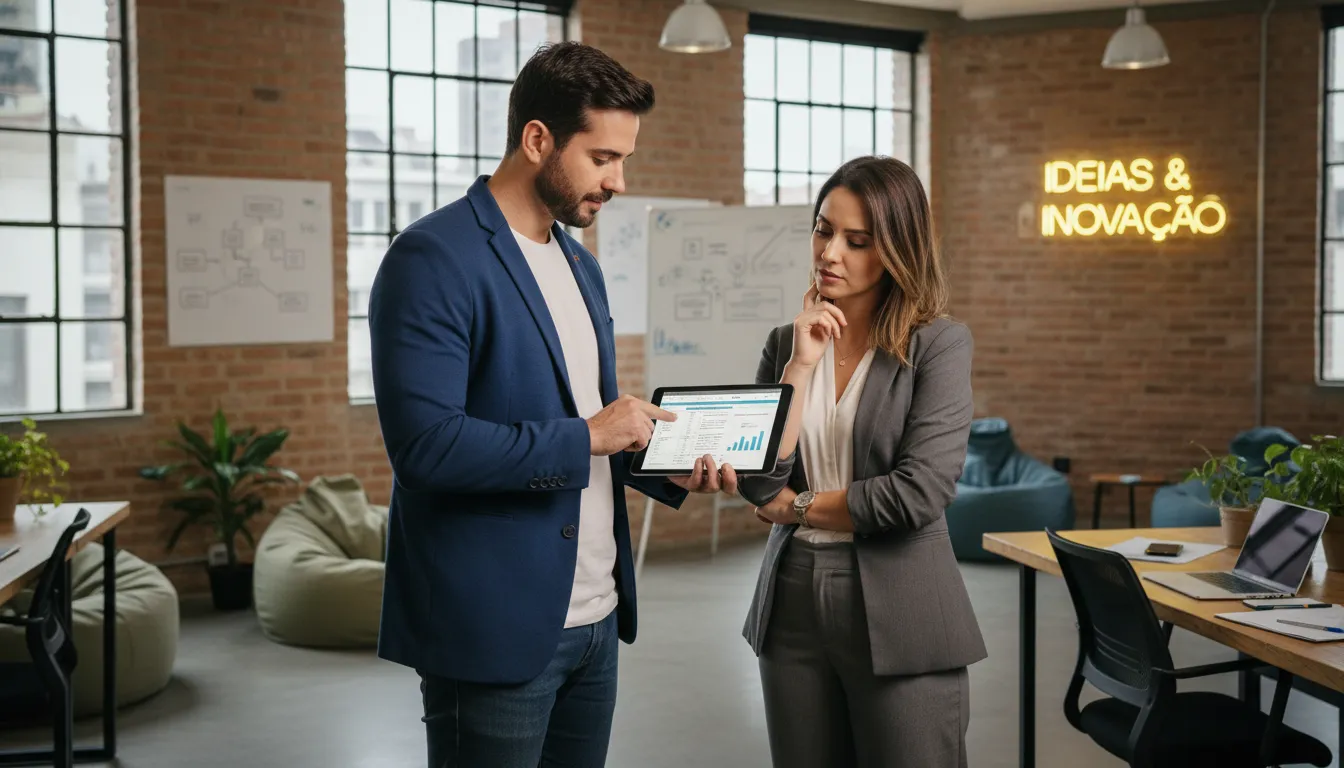 Site em 2026: Investir ou Não? Análise de ROI 3 Consultor apresentando cálculo de amortização e retorno de site ao cliente em co-working