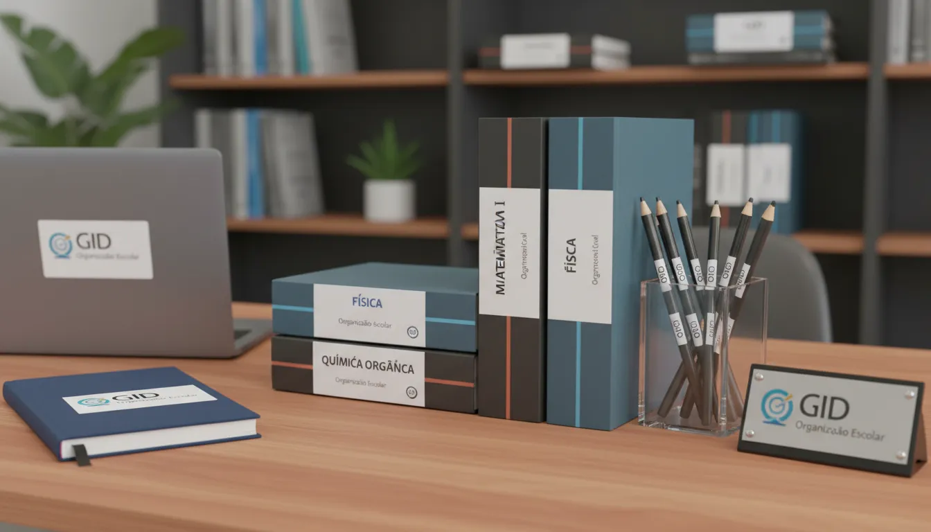 Mesa de estudante organizada com livros e materiais etiquetados com adesivos profissionais, mostrando a importância da Etiqueta Escolar para imprimir da GID.