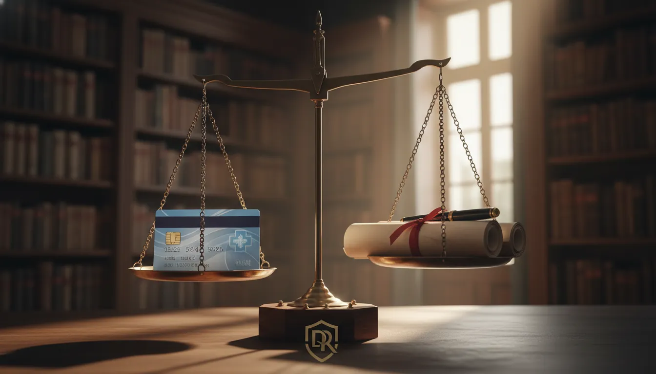 Balança da justiça com documentos e carteirinha, simbolizando a luta do advogado.