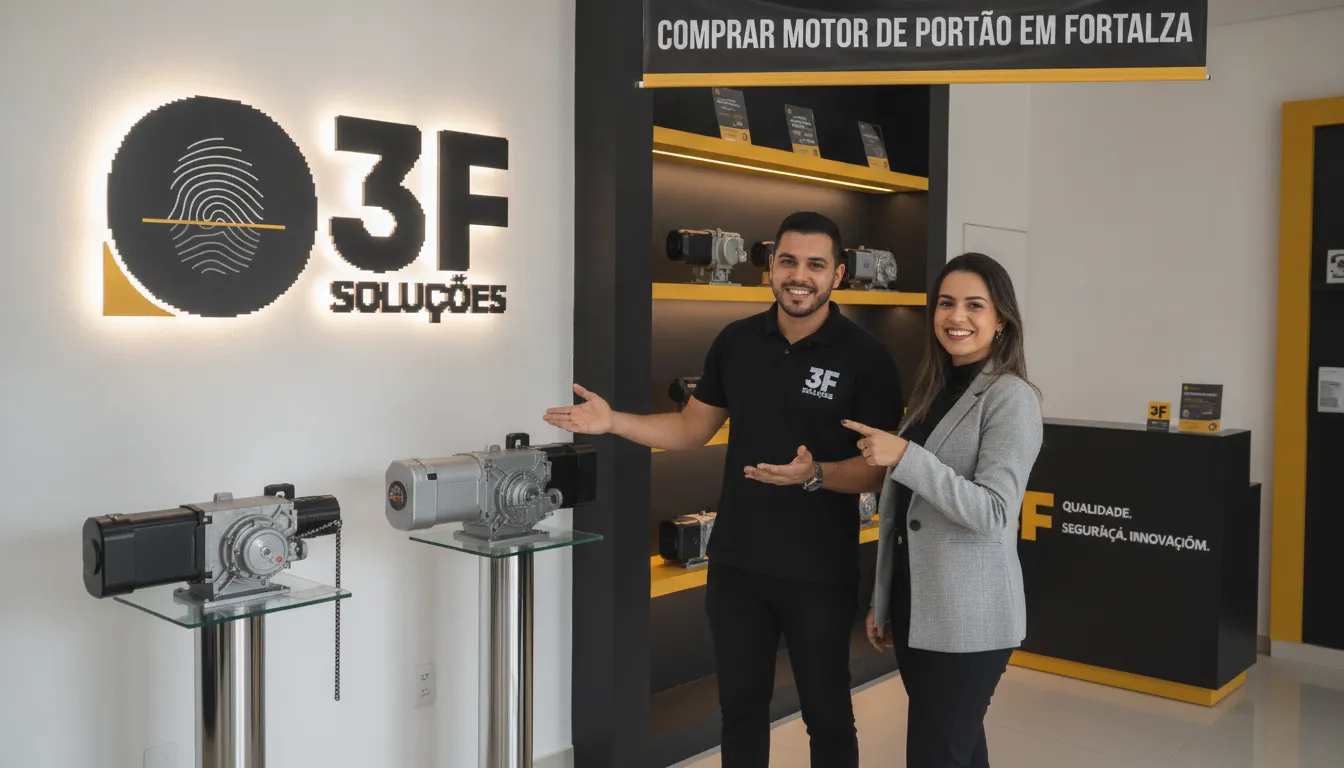 Comprar motor de portão em Fortaleza: Cliente escolhendo motor na 3F Soluções com ajuda de técnico especializado.
