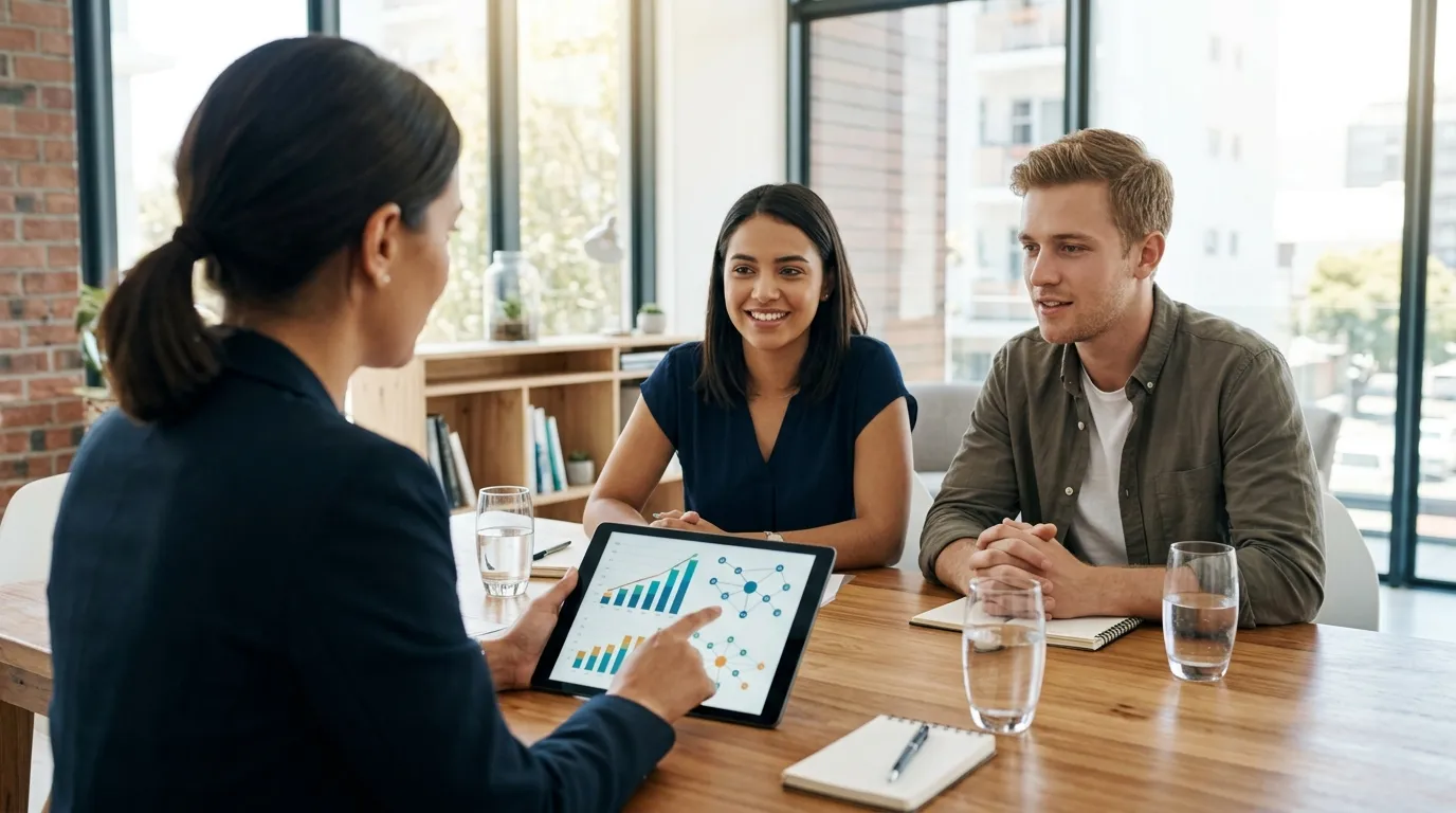 Profissional apresenta gráficos de crescimento em tablet focado em networking para negócios financeiros.