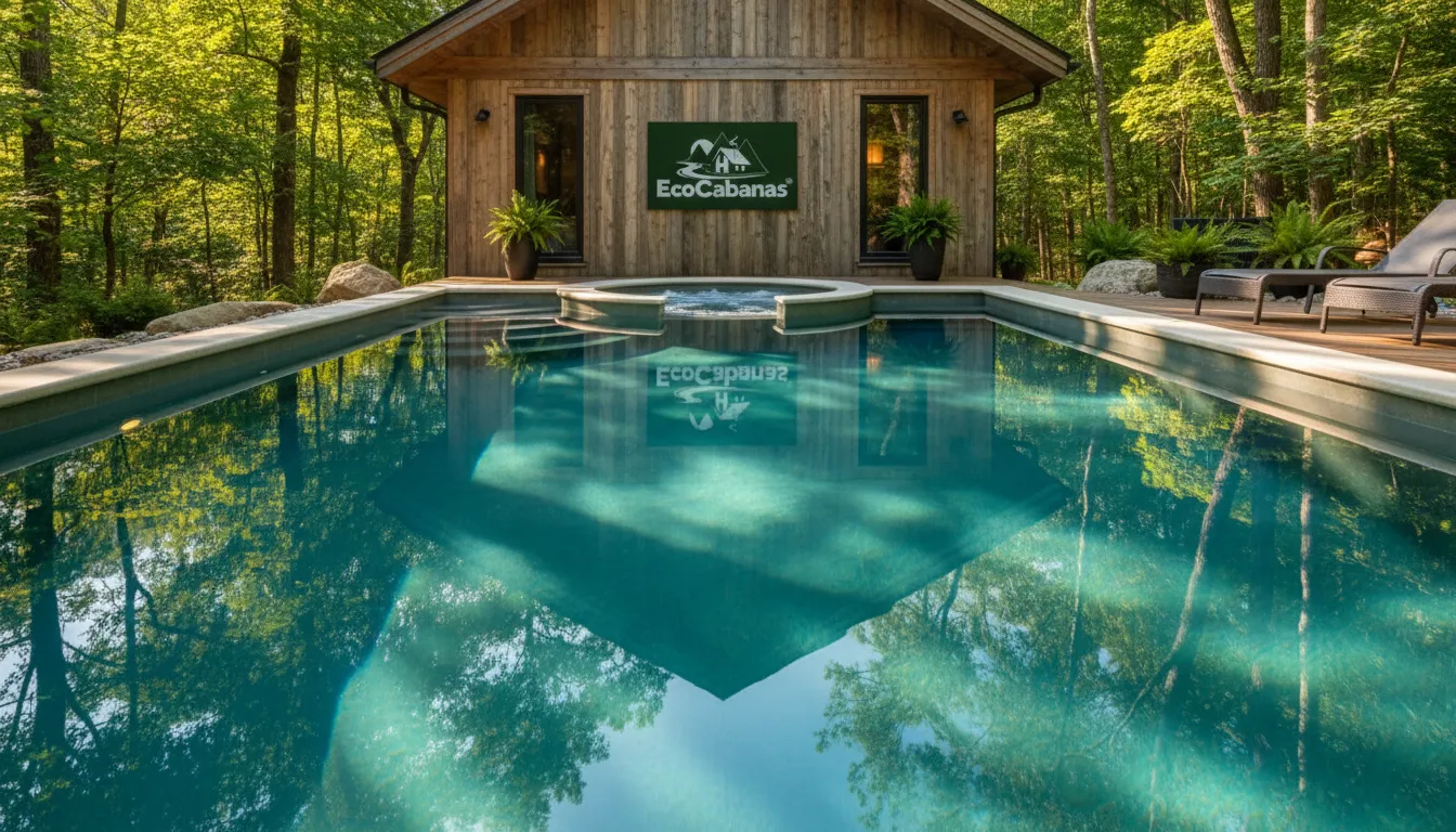 Detalhe da piscina de fibra cristalina em frente a uma cabana, com reflexos da natureza, criando uma atmosfera luxuosa.
