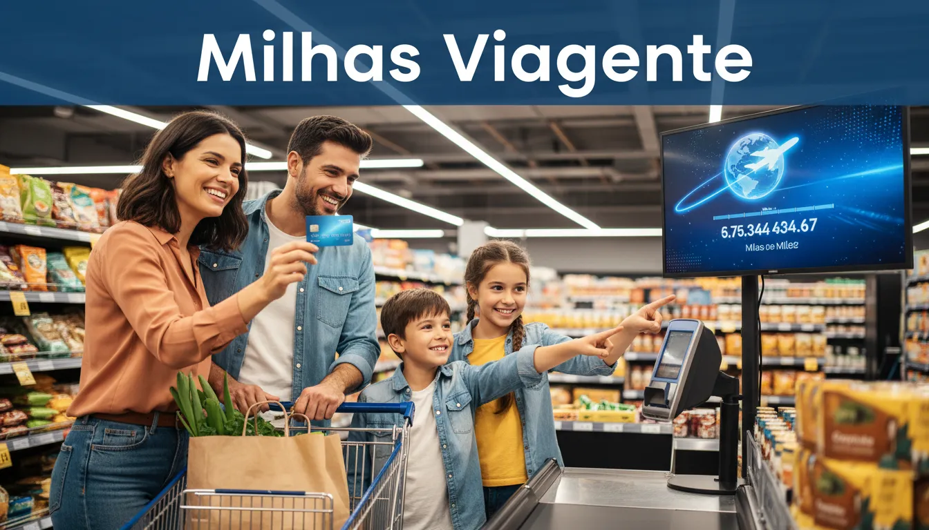 Família feliz comprando com cartão de crédito de recompensas, mostrando como acumular milhas para as próximas férias com a Viagente.