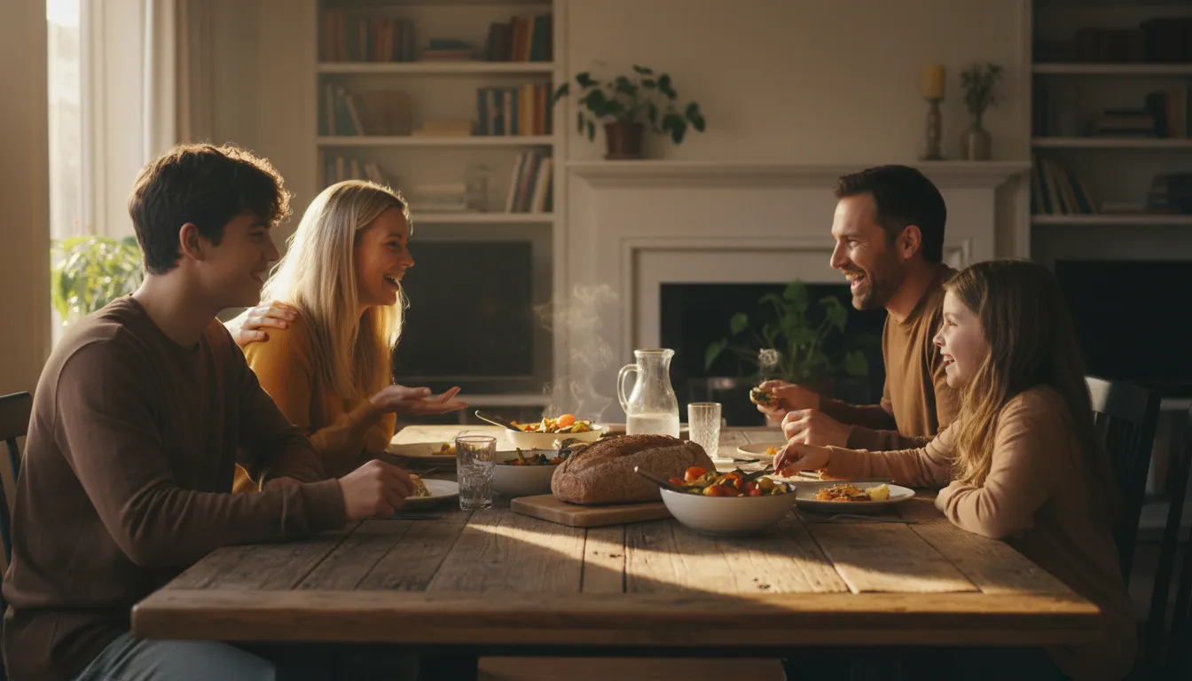 Família reunida à mesa em refeição, com sorrisos e conversas, ilustrando a importância da conexão e da espiritualidade no bem-estar familiar.