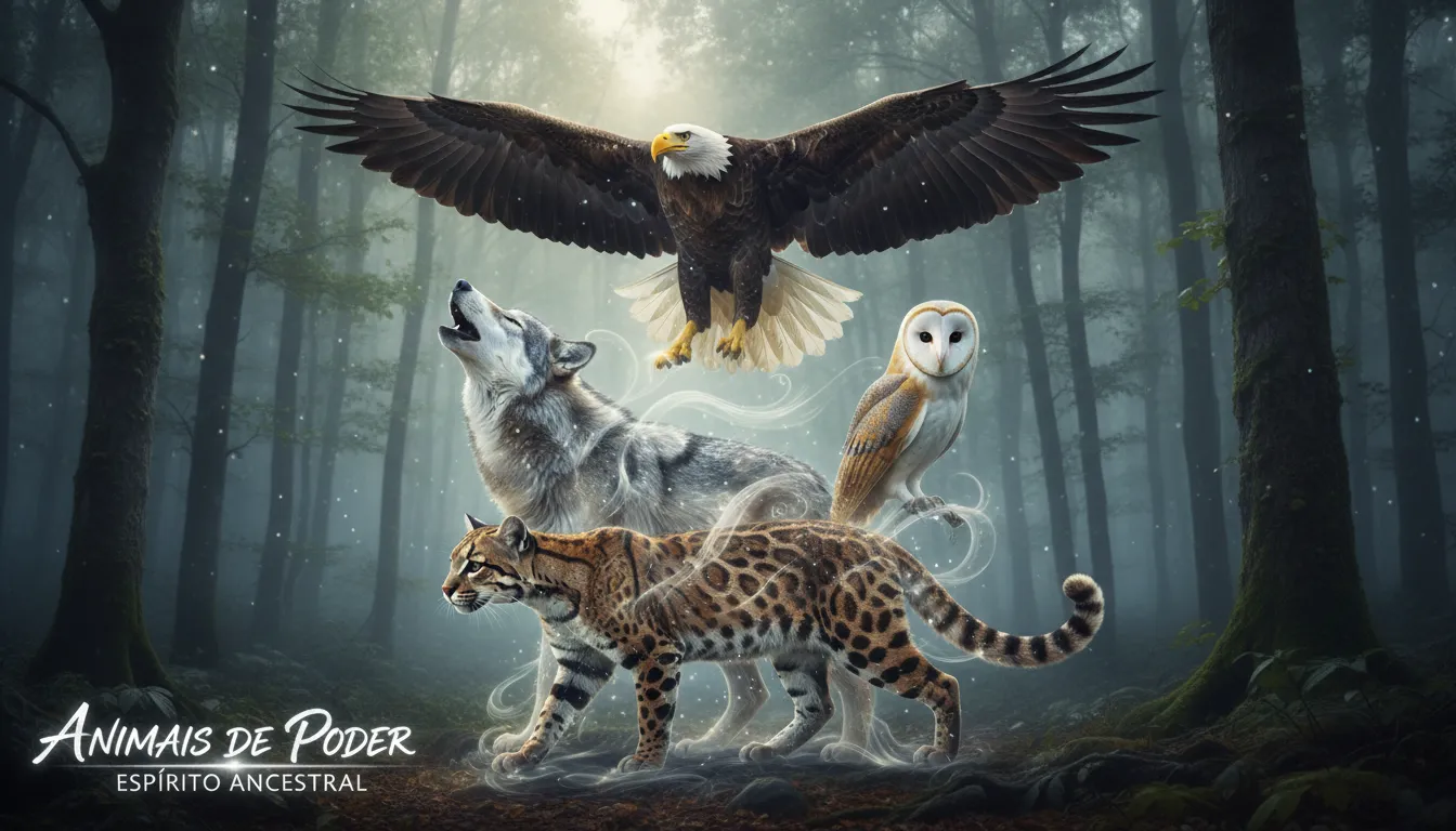 Animais de poder em cenário espiritual na floresta, envoltos em aura mística.