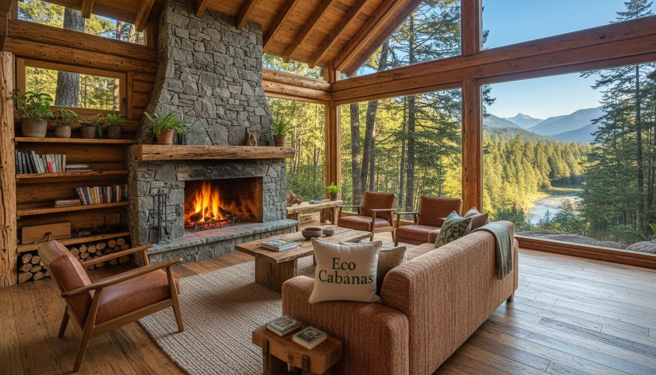Ampla visão de uma sala de estar rústica em uma cabana Eco Cabanas, com o assoalho de madeira natural, lareira de pedra e mobília confortável, além de uma vista panorâmica da natureza.