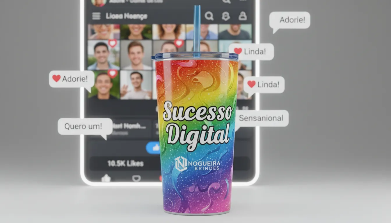 Close-up de um copo com canudo personalizado e colorido, rodeado por uma interface de mídia social mostrando feedback positivo, representando o sucesso do produto.