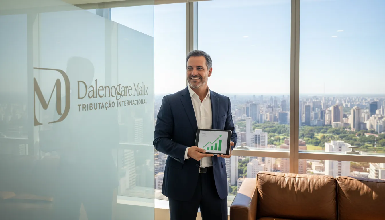 Empresário brasileiro satisfeito, com vista da cidade, após fazer a dcbe declaração de bens no exterior.