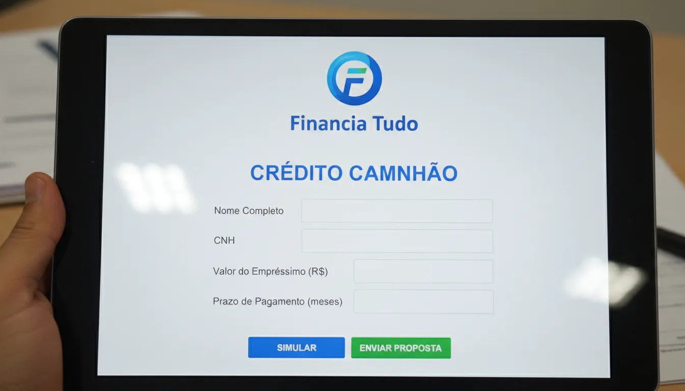 Tablet com formulário de solicitação de crédito e logo da Financia Tudo. Imagem ilustrativa de financiamento de caminhões.