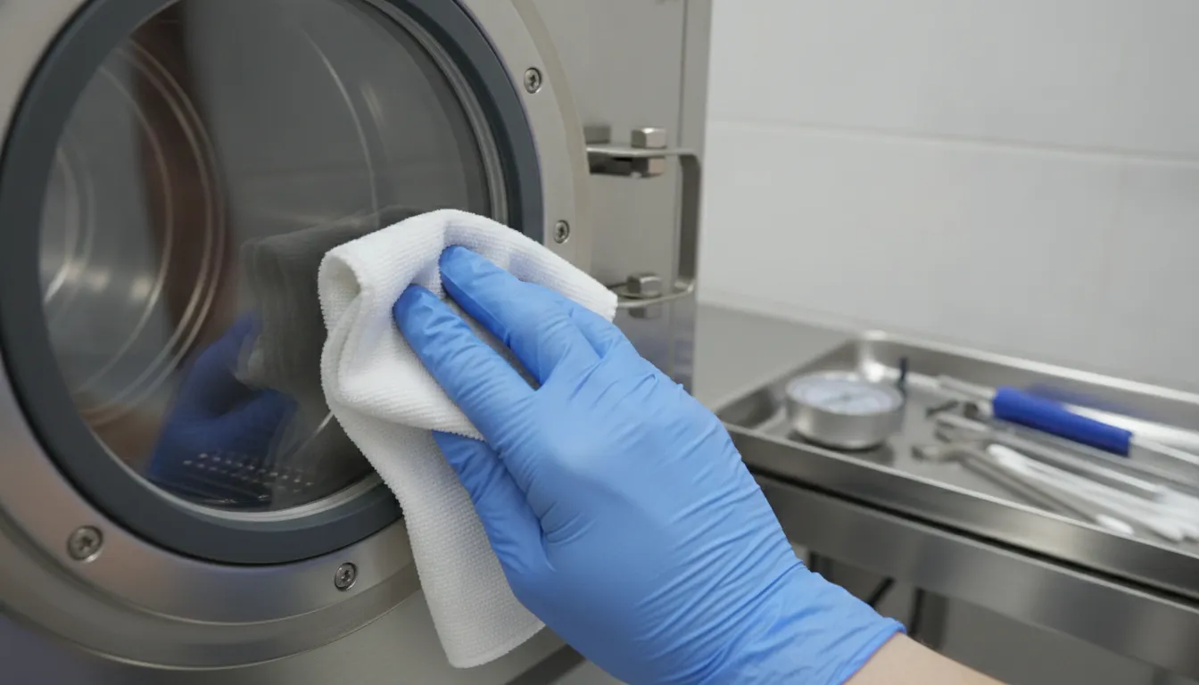 Inspeção detalhada de componentes internos da autoclave, enfatizando a manutenção preventiva de autoclaves para durabilidade.