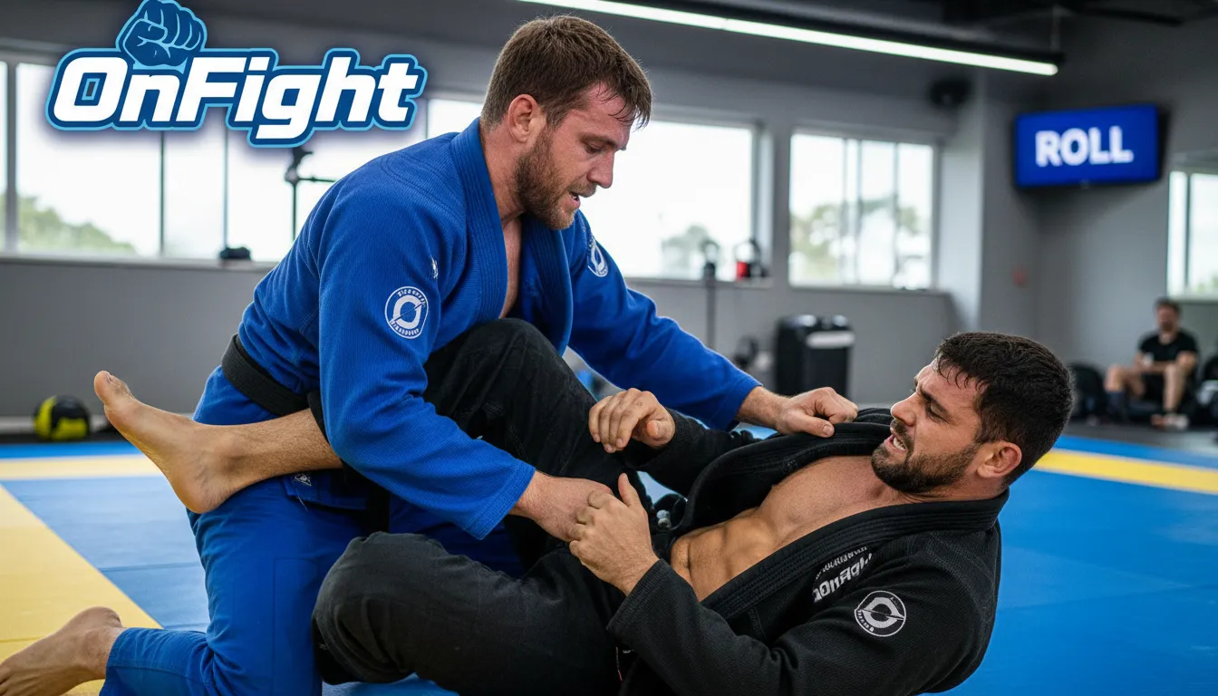 Dois praticantes de bjj jiu-jitsu em um intenso sparring, demonstrando a técnica de passagem de guarda em um tatame.