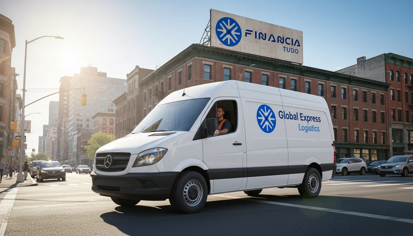 Uma van de entrega em movimento, simbolizando o uso do financiamento de veículo para trabalho e o crescimento do negócio, com Financia Tudo ao fundo.