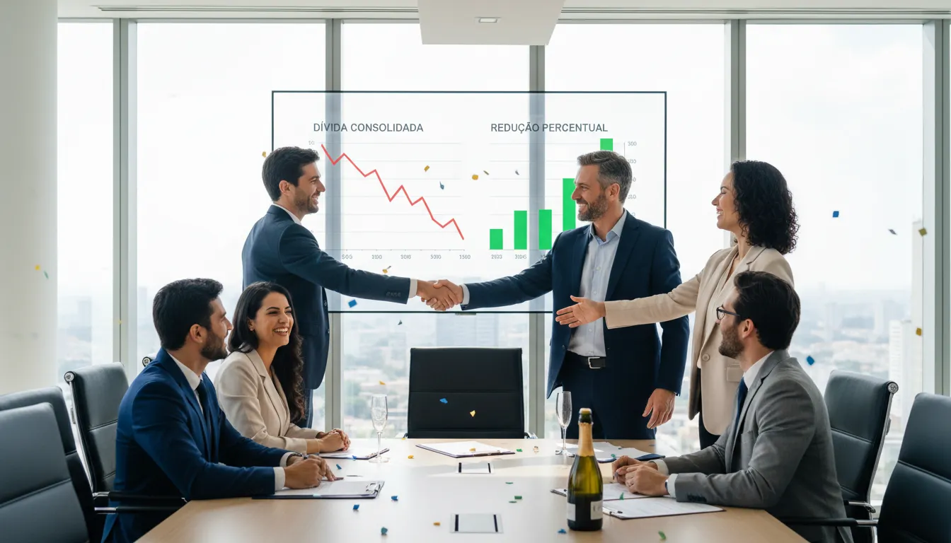 Equipe empresarial comemora acordo de renegociação de dívidas, com gráficos financeiros indicando redução de passivo.