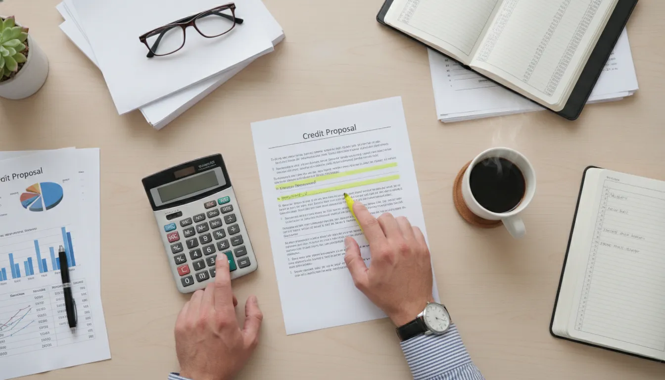Mãos analisando documentos de crédito com calculadora, mostrando como avaliar proposta de crédito detalhadamente.