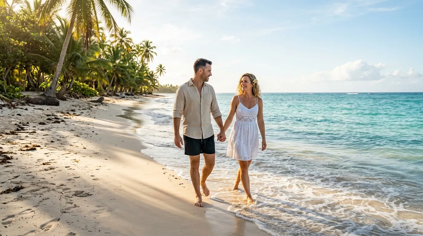 Casal caminhando pela praia de areia branca em Punta Cana durante o dia.