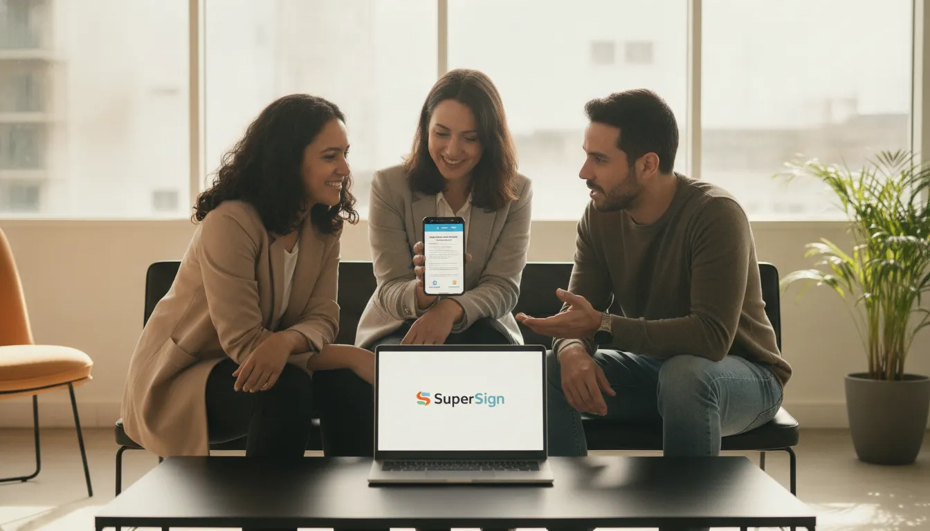 Profissionais colaboram em co-working, exibindo declaração de residência assinada digitalmente no celular.