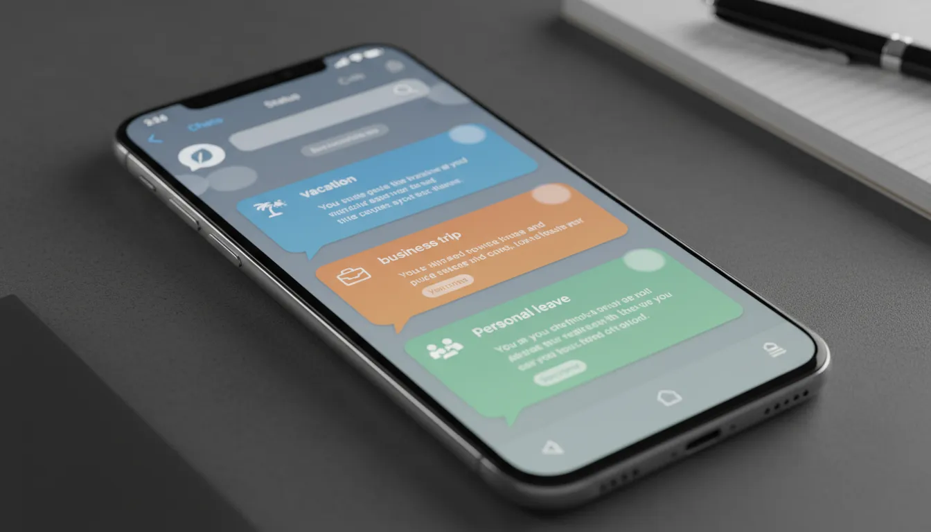 Interface do WhatsApp exibindo exemplos de mensagem de ausência WhatsApp eficazes para diversas situações, com foco na clareza e profissionalismo.