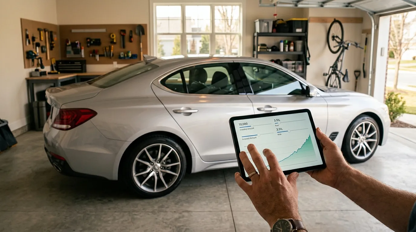 Simulação digital para comparar refinanciamento de veículo próprio na garagem.