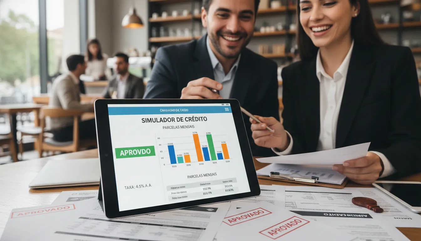Simulação de empréstimo com garantia em tablet e casal avaliando aprovação em ambiente profissional.