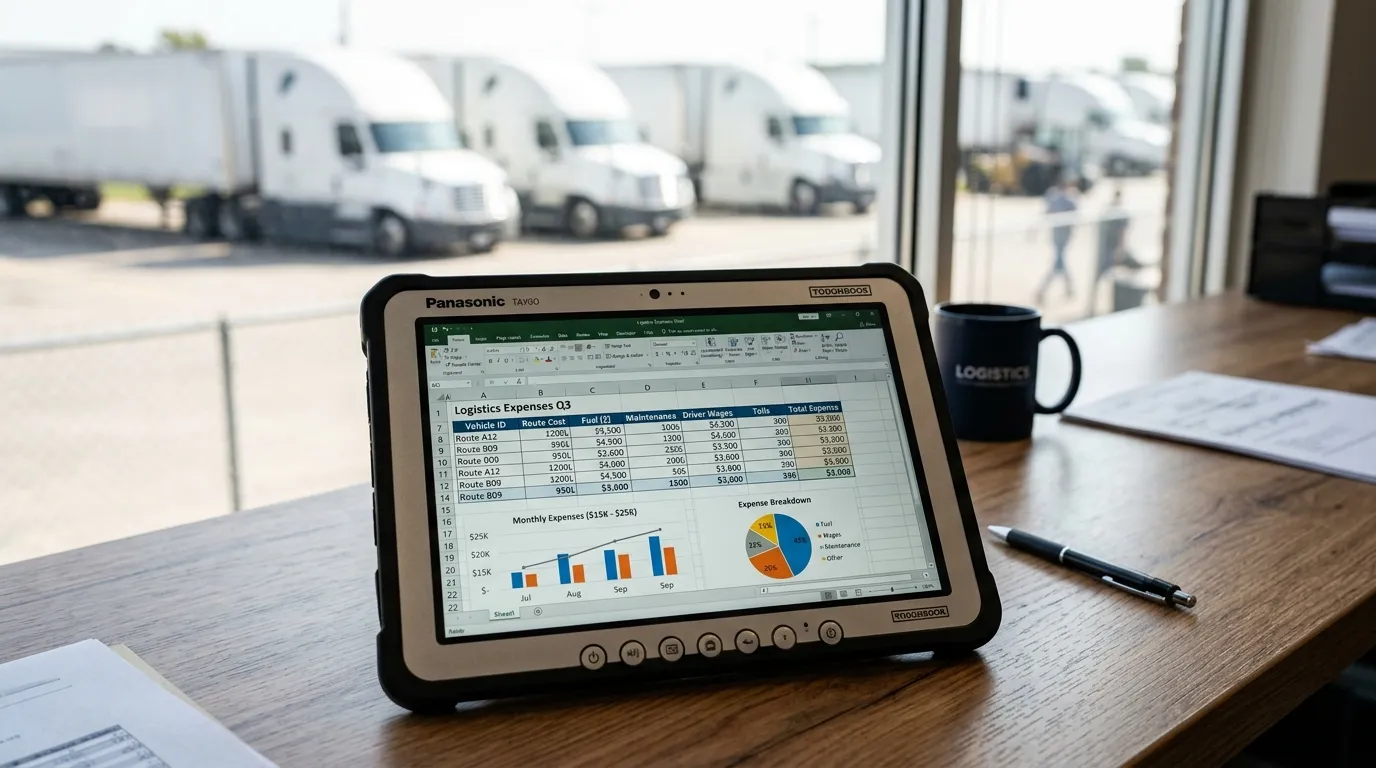 Planilha financeira de controle de frota de caminhões exibida em um tablet no escritório.