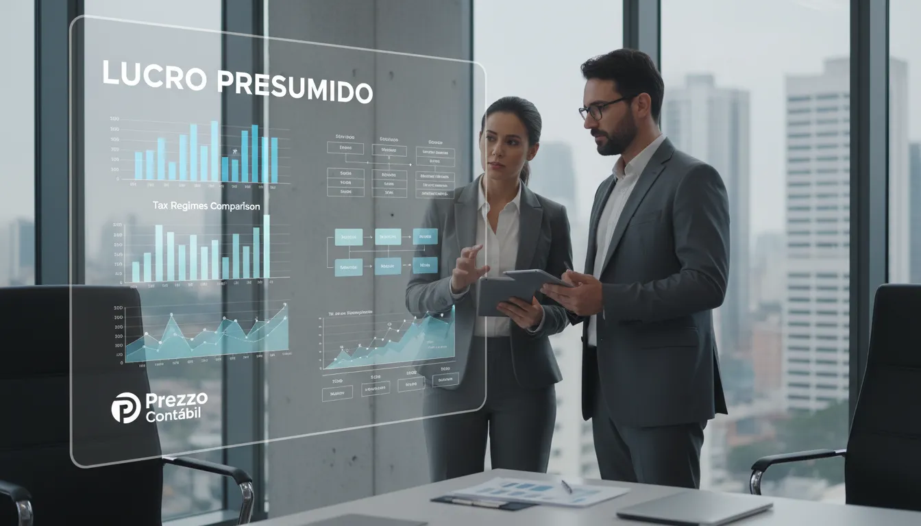 Sócios em reunião estratégica, avaliando regimes tributários para pagar menos impostos, com a assessoria da Prezzo Contábil.