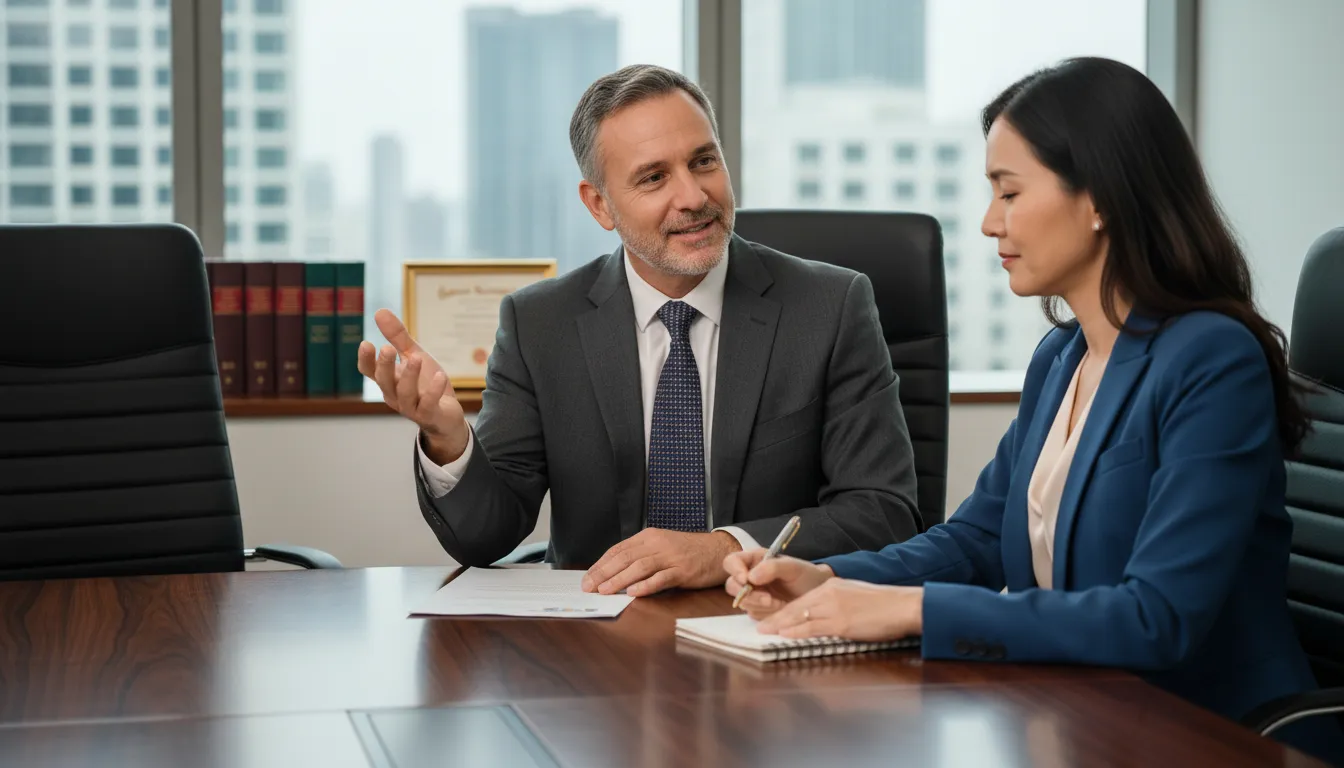 Advogado especializado orientando empresária sobre como a empresa se defende de assedio moral no trabalho.