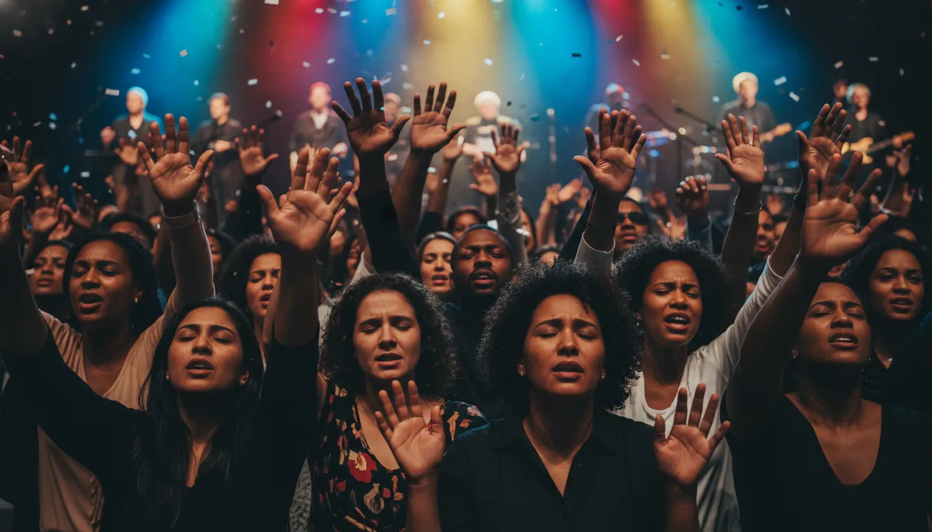 Close-up de mãos levantadas em adoração durante um show das 10 músicas gospel mais tocadas, energia vibrante.