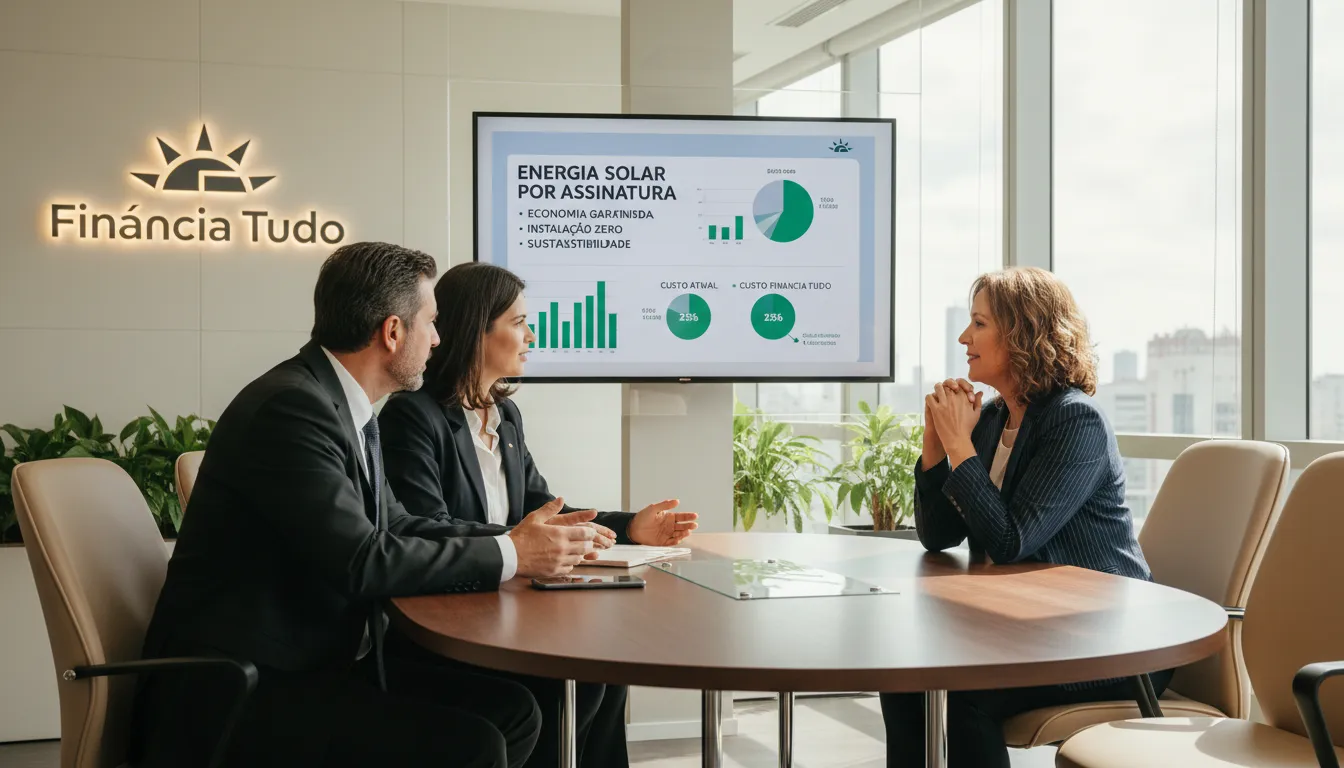 Consultores da Financia Tudo orientam cliente sobre opções vantajosas de energia solar por assinatura.