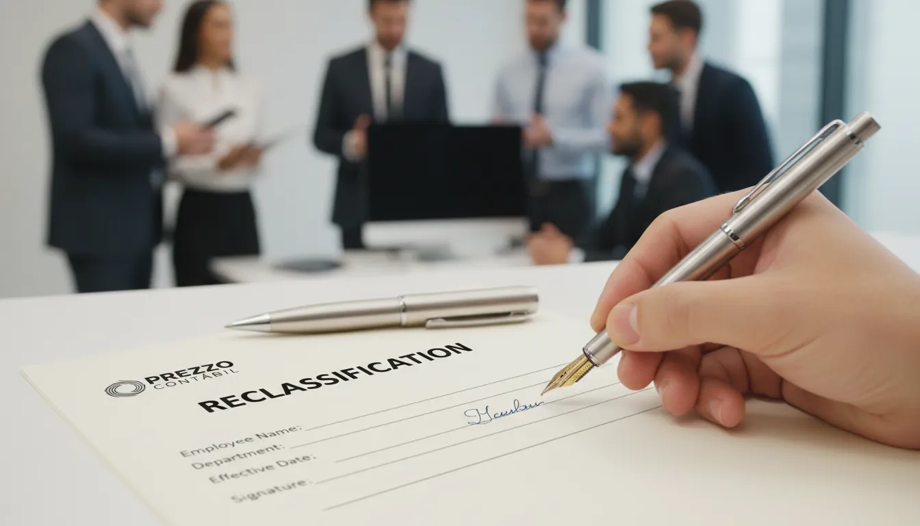Detalhe de uma mão assinando um documento de reclassificação empresarial, simbolizando o desenquadramento MEI e a transição para outro modelo, com suporte da Prezzo Contábil.