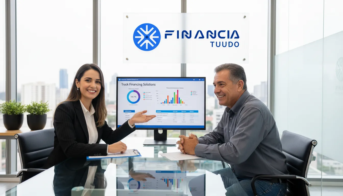 Especialista da Financia Tudo oferece consultoria para financiamento caminhão, destacando condições competitivas.