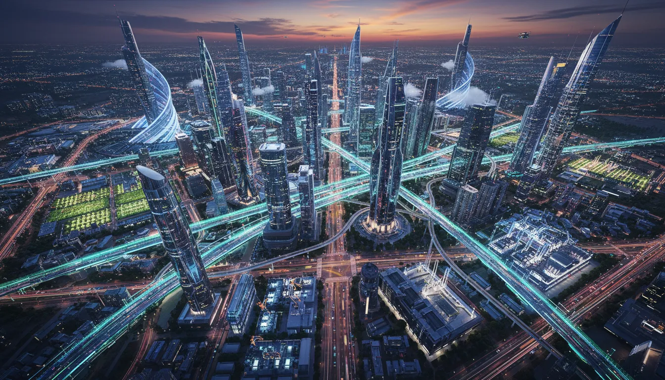 Visão aérea de cidade futurista com fluxos de dados, exemplificando a Deloitte: Escalar a inteligência autônoma para crescimento. Fotorrealista.