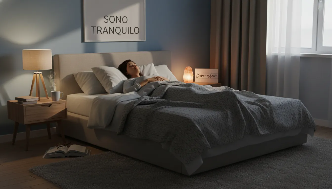 Pessoa descansando em quarto sereno à noite, demonstrando importância do sono.