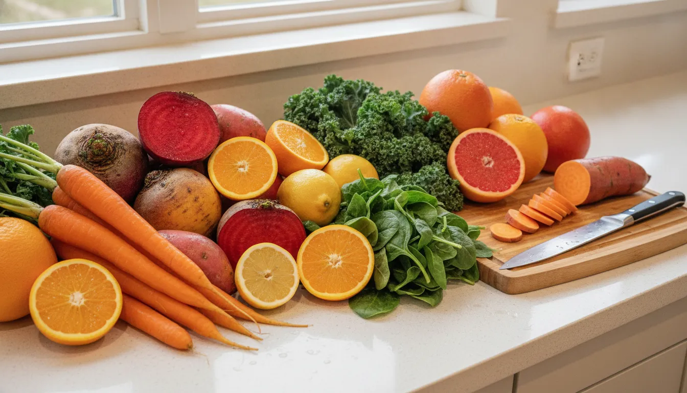 Variedade colorida de vegetais e frutas de inverno frescos em bancada, essenciais para alimentação no inverno.