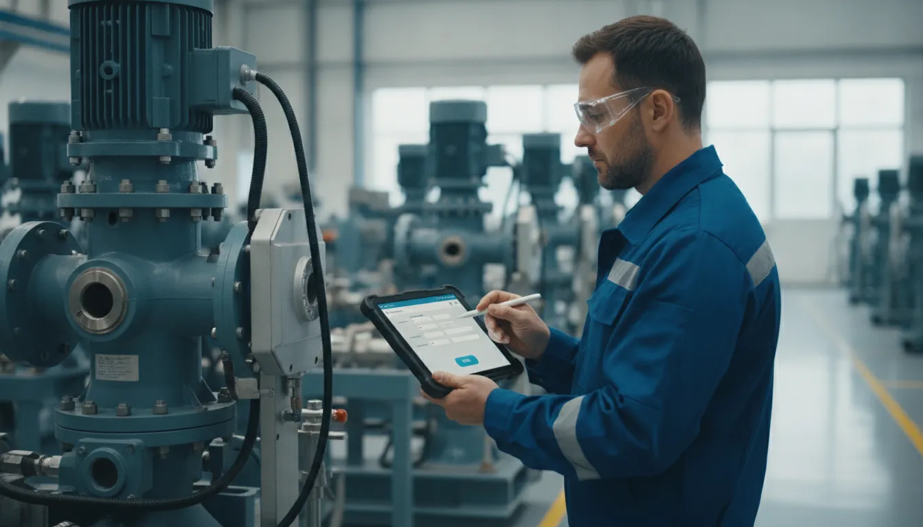 Técnico atualiza ordem serviço via software gestão da manutenção em tablet, otimizando processos.