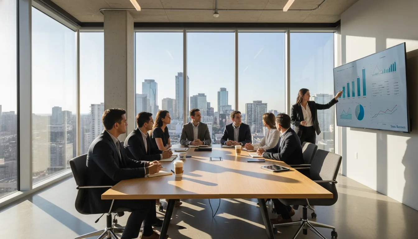 A collaborative office environment showing a business team discussing financial strategies. Reflects the consulting aspect, relevant to Como Abrir uma empresa no Texas and managing finances.