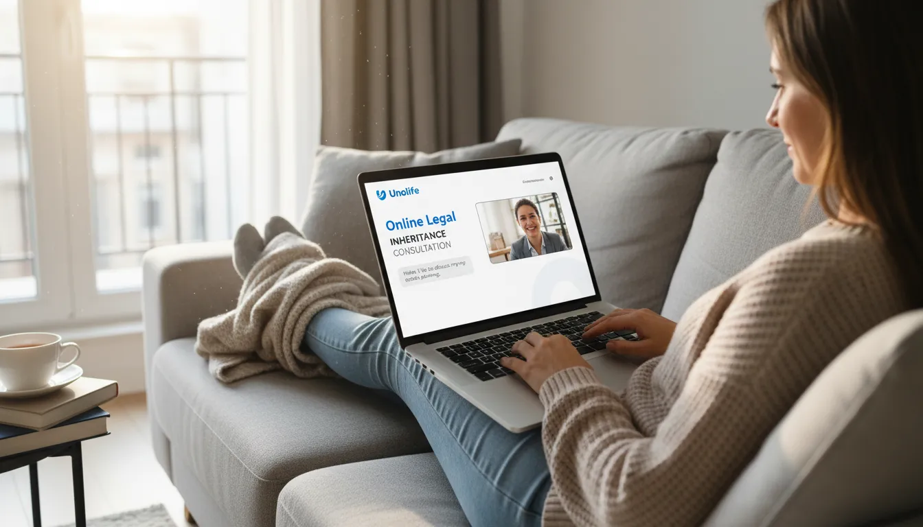 Consulta online sobre herança sendo realizada em casa através da Unolife, demonstrando a facilidade de acesso a um advogado online.