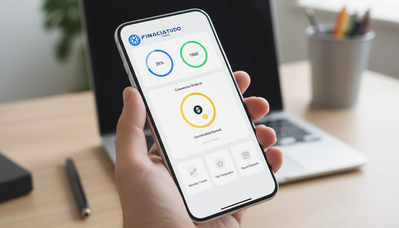 Smartphone exibindo dashboard de afiliado de crédito renda recorrente com KPIs, mostrando o aplicativo Financia Tudo de forma intuitiva.
