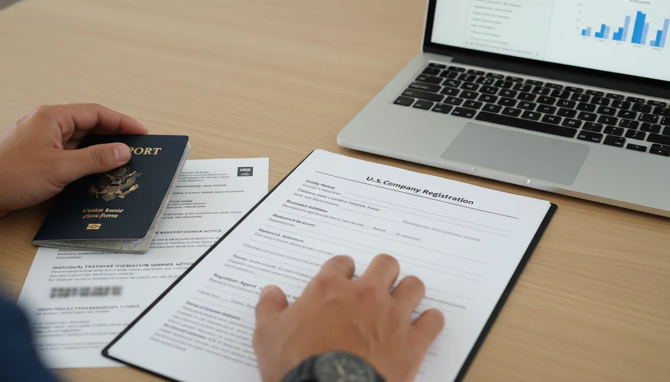 Documentos e formulários dos EUA com passaporte e ITIN, representando o registro empresarial.