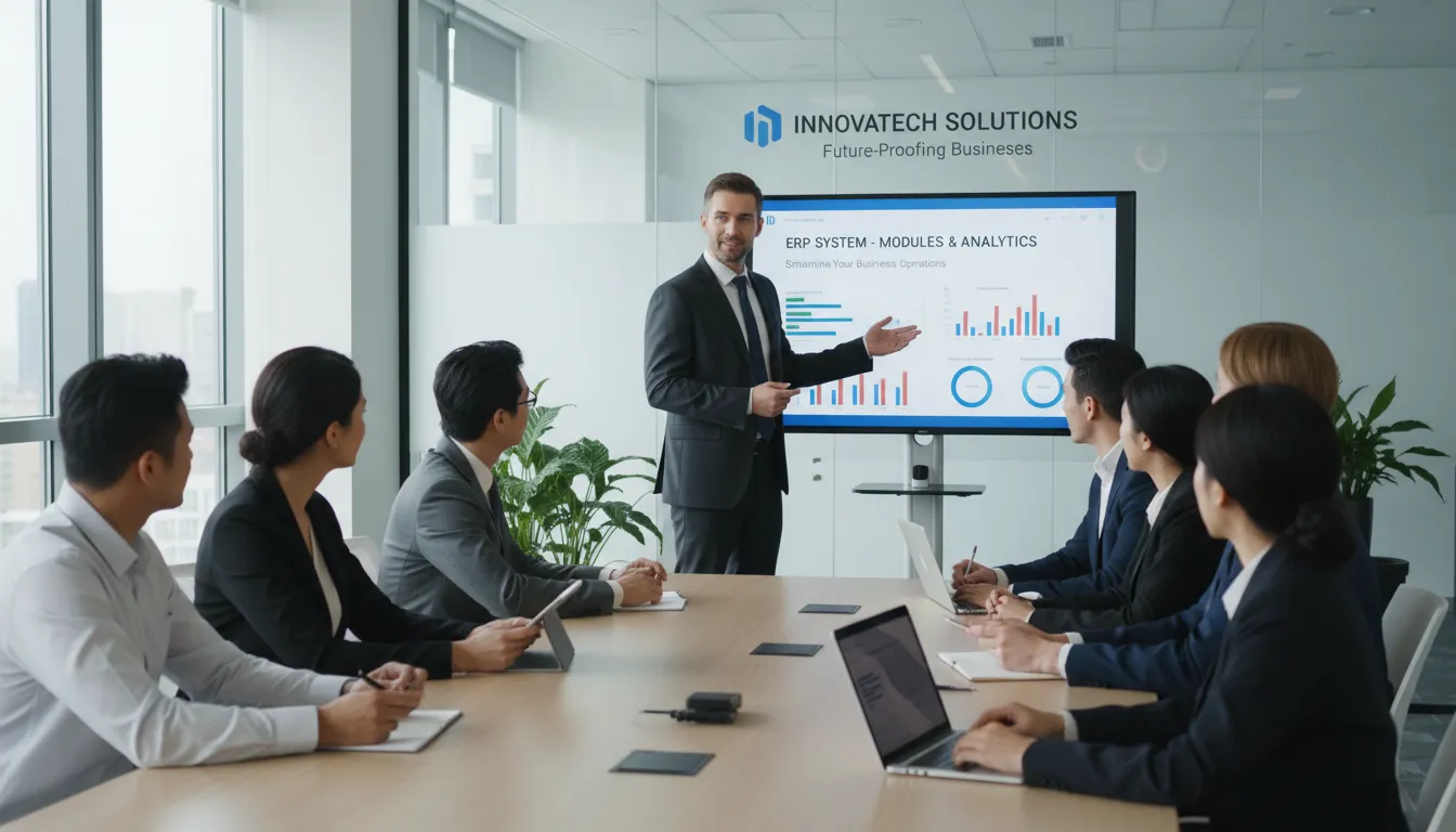 Equipe engajada em treinamento de implementação de software de gestão para empresas.