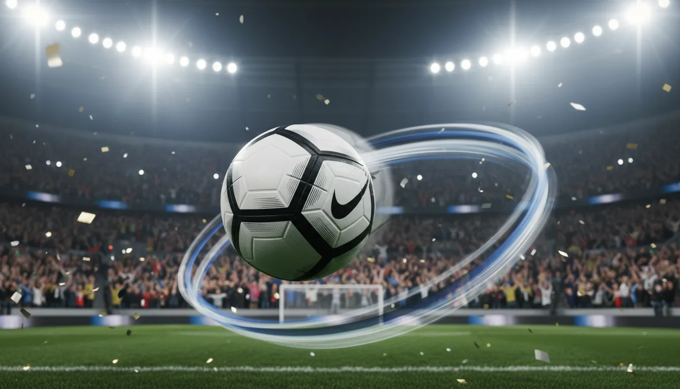 Close do movimento da bola em direção ao gol, um forte candidato ao gol mais bonito copa 2026 todos os gols, com estádio vibrante ao fundo.