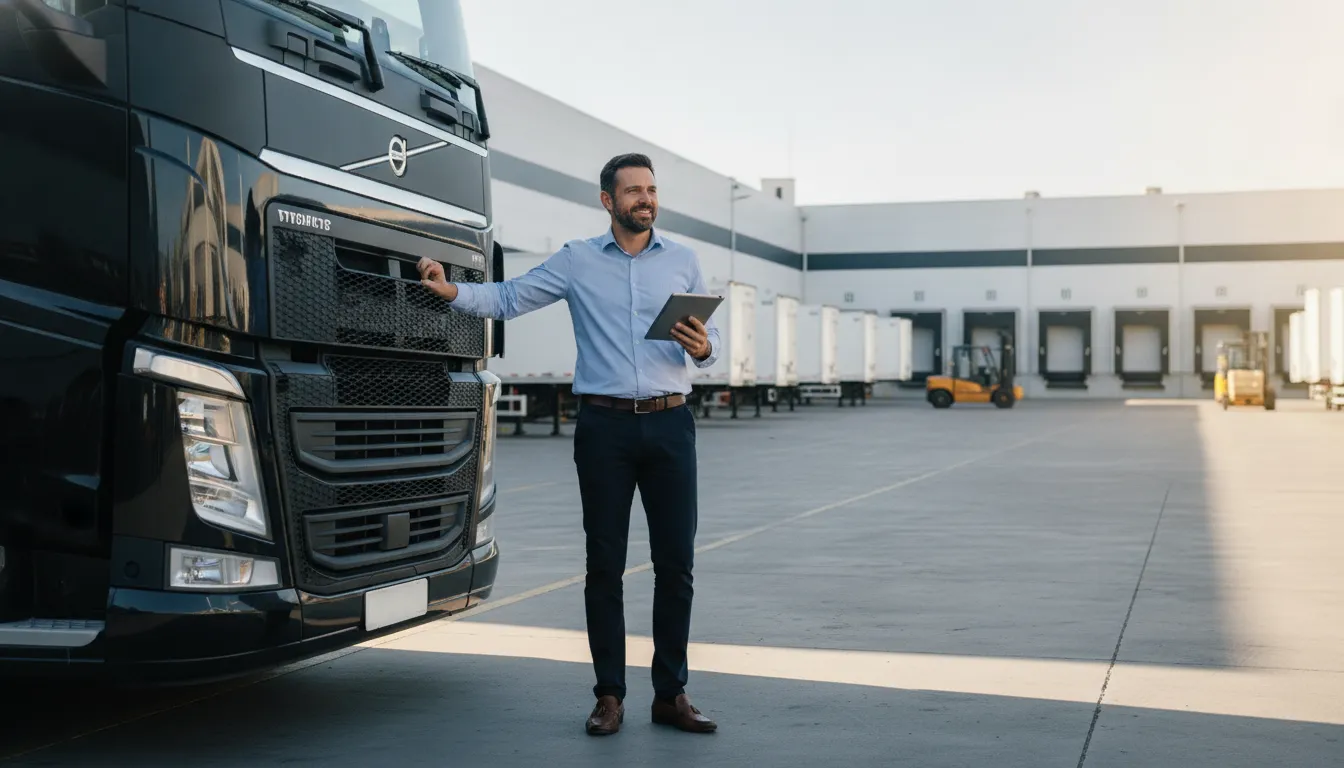 Empreendedor orgulhoso com novo caminhão, mostrando que vale a pena refinanciar caminhão para crescimento.