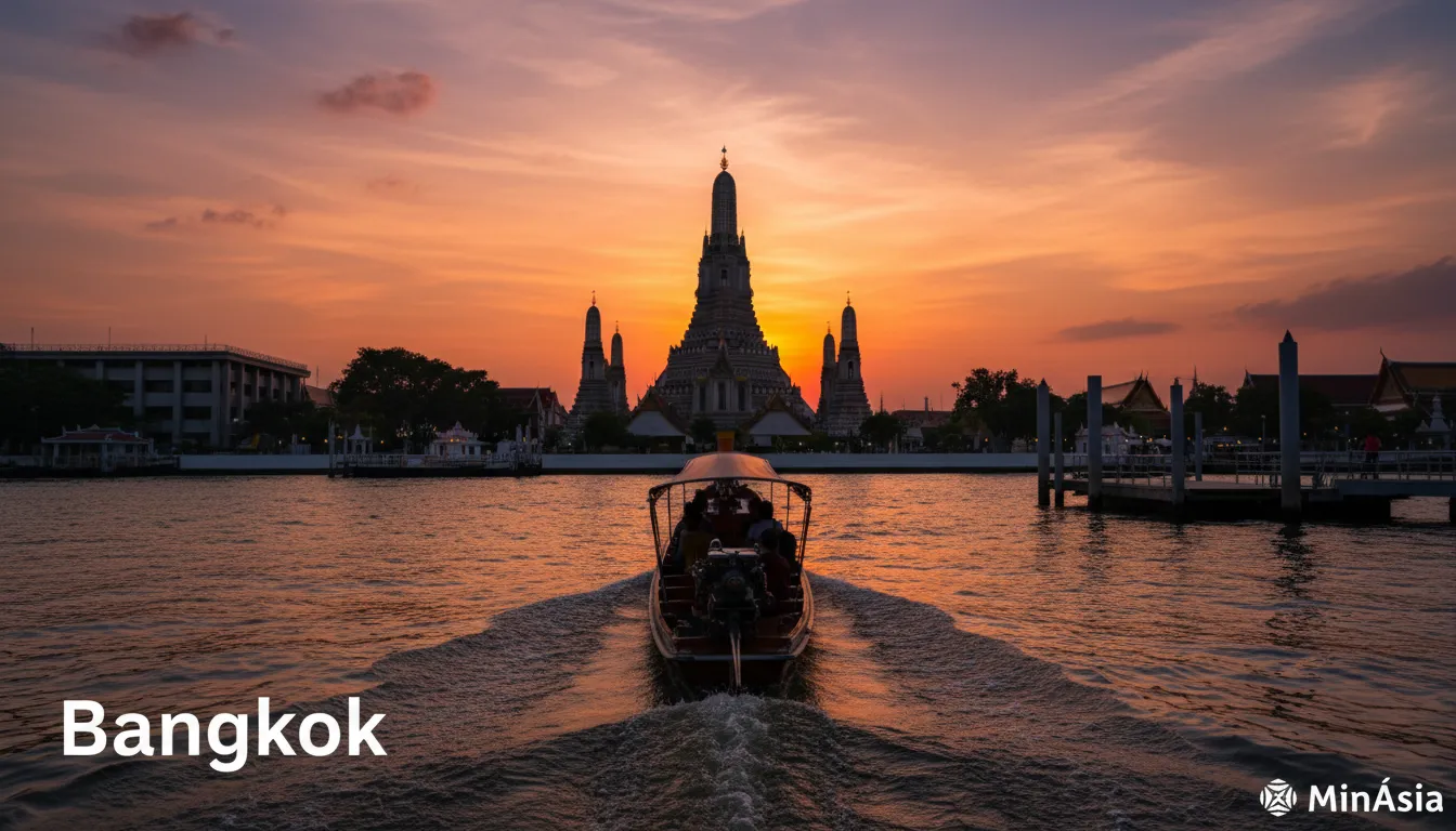 Barco se aproximando do wat arun com o pôr do sol ao fundo. Silhuetas de turistas tiram fotos, com a marca MinÁsia presente.
