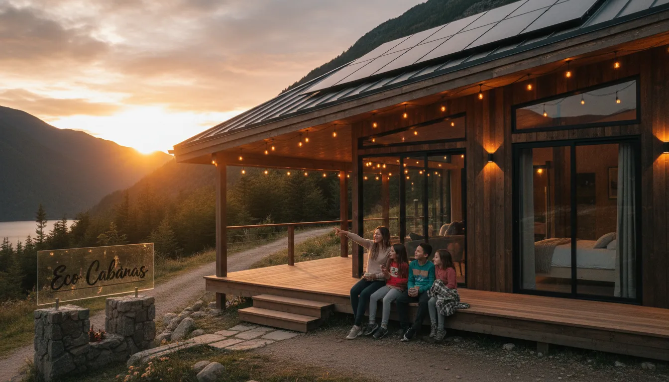 Família relaxando na varanda de uma cabana moderna com energia solar off-grid ao pôr do sol. Uma experiência de hospedagem sustentável e inesquecível.