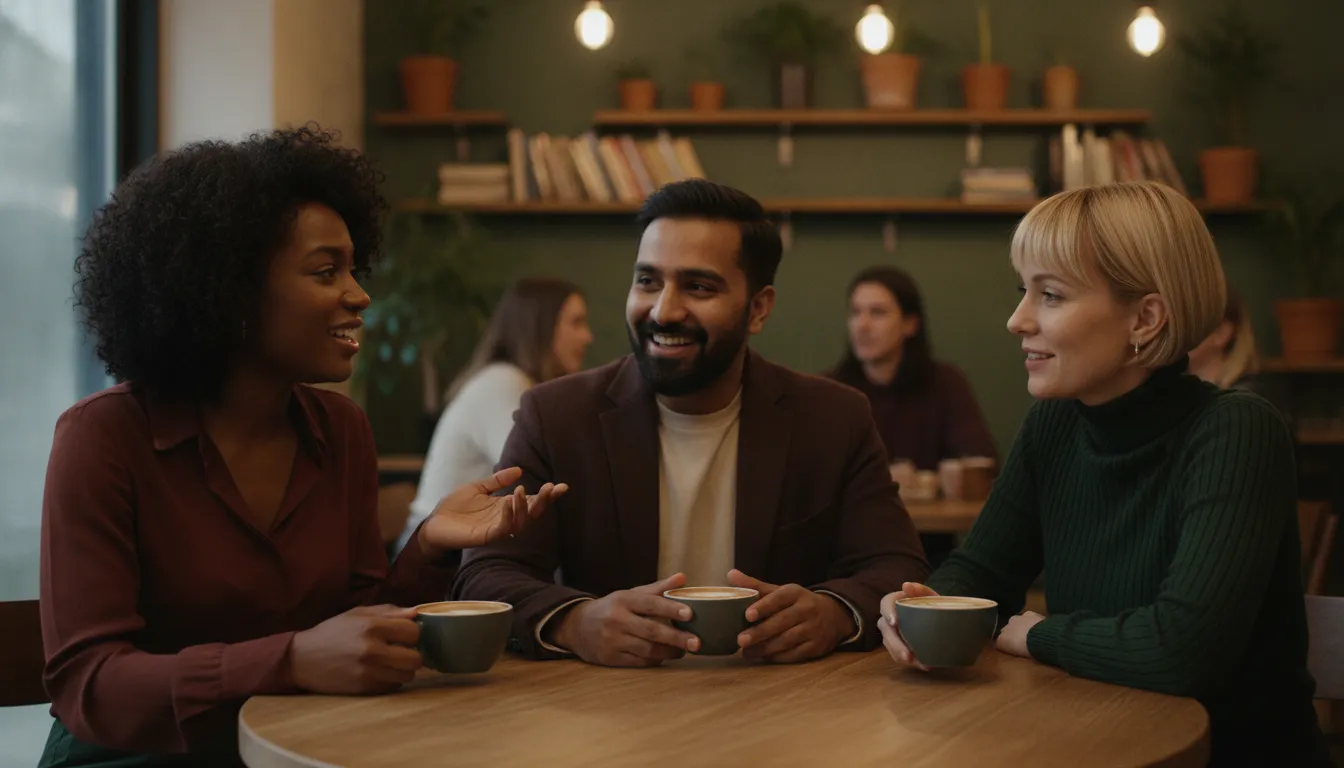 Pessoas conversando tranquilamente em café, promovendo conexão e bem-estar. Qualidade de vida em grupo.