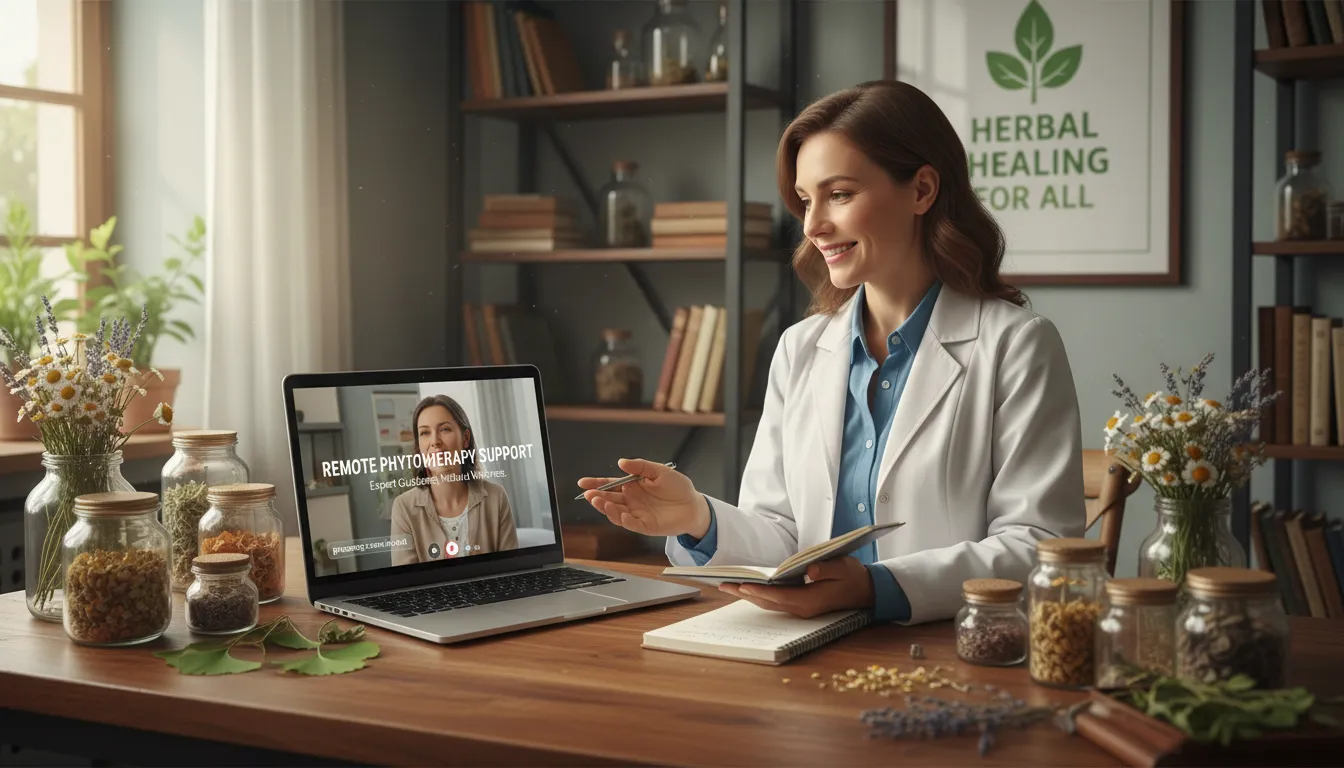 Especialista orientando paciente sobre fitoterapia por videochamada, com livros e ervas ao fundo.