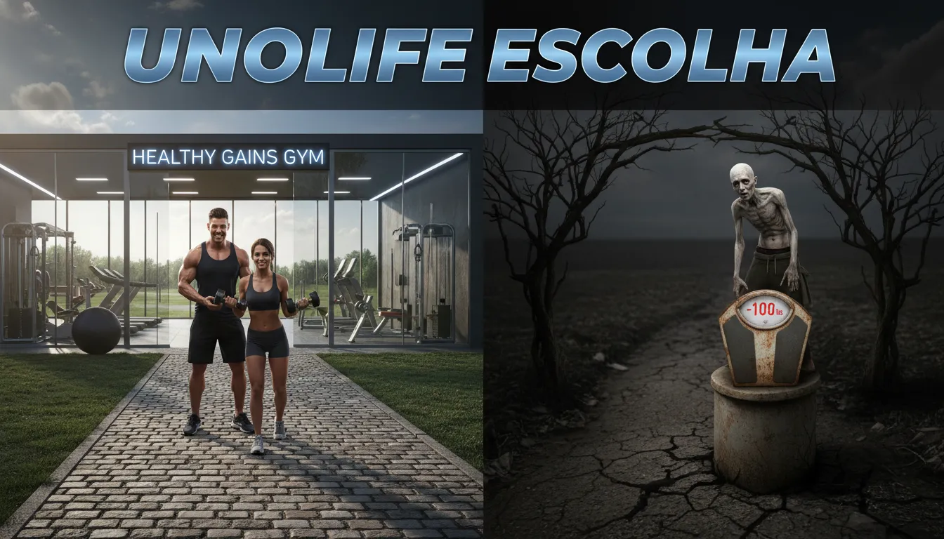 Uma encruzilhada visualizando o caminho do emagrecimento rápido e perigoso versus o caminho saudável com suporte profissional, simbolizando a escolha crucial para a saúde.