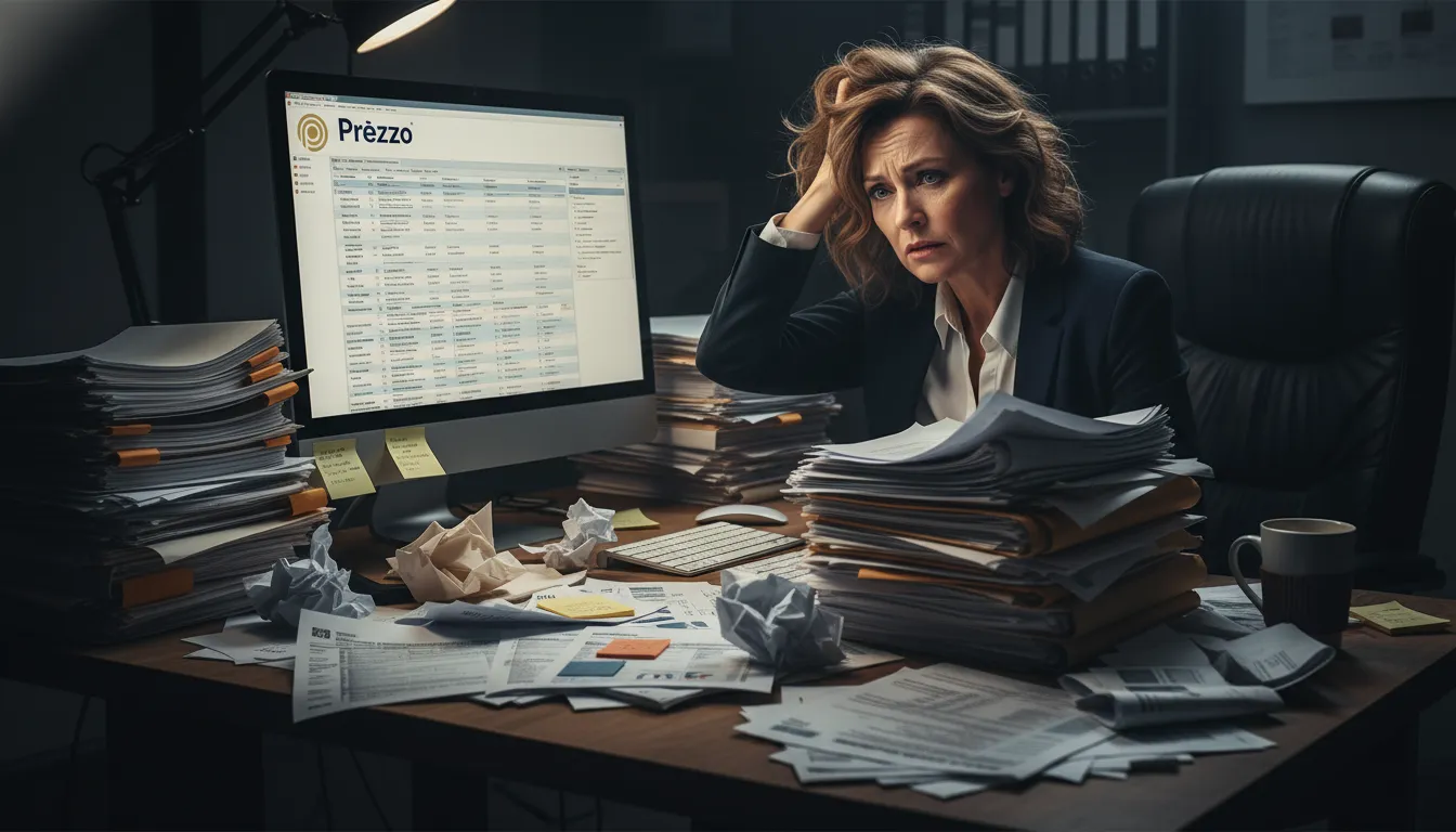 Empresário estressado com papelada e software complexo de folha de pagamento.