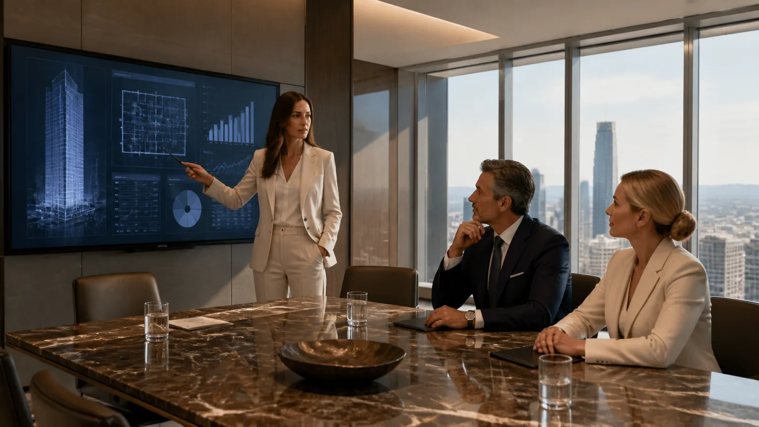 Reunião executiva de incorporação imobiliária apresentando viabilidade técnica para investidores.